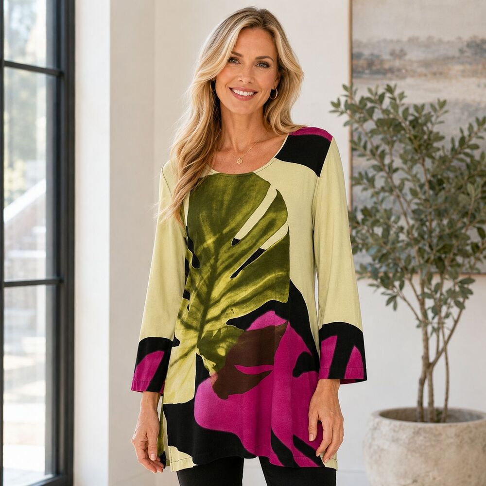 Caroline Rose Tropical Leaf Print Tunic Top Small Pink Green Artwear Stretch